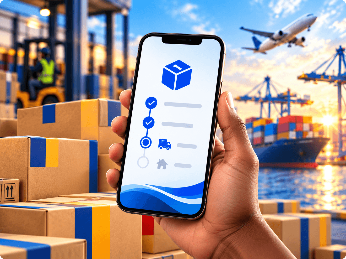 Hand holding a phone showing package tracking progress